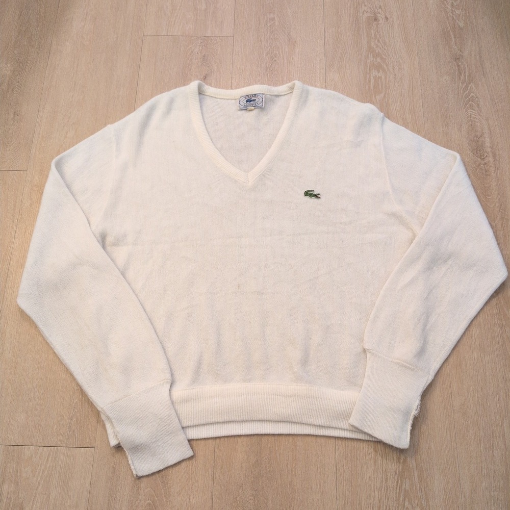 VTG Izod Lacoste‎ Men's Large V-Neck Sweater White Preppy Golf Croc Gator